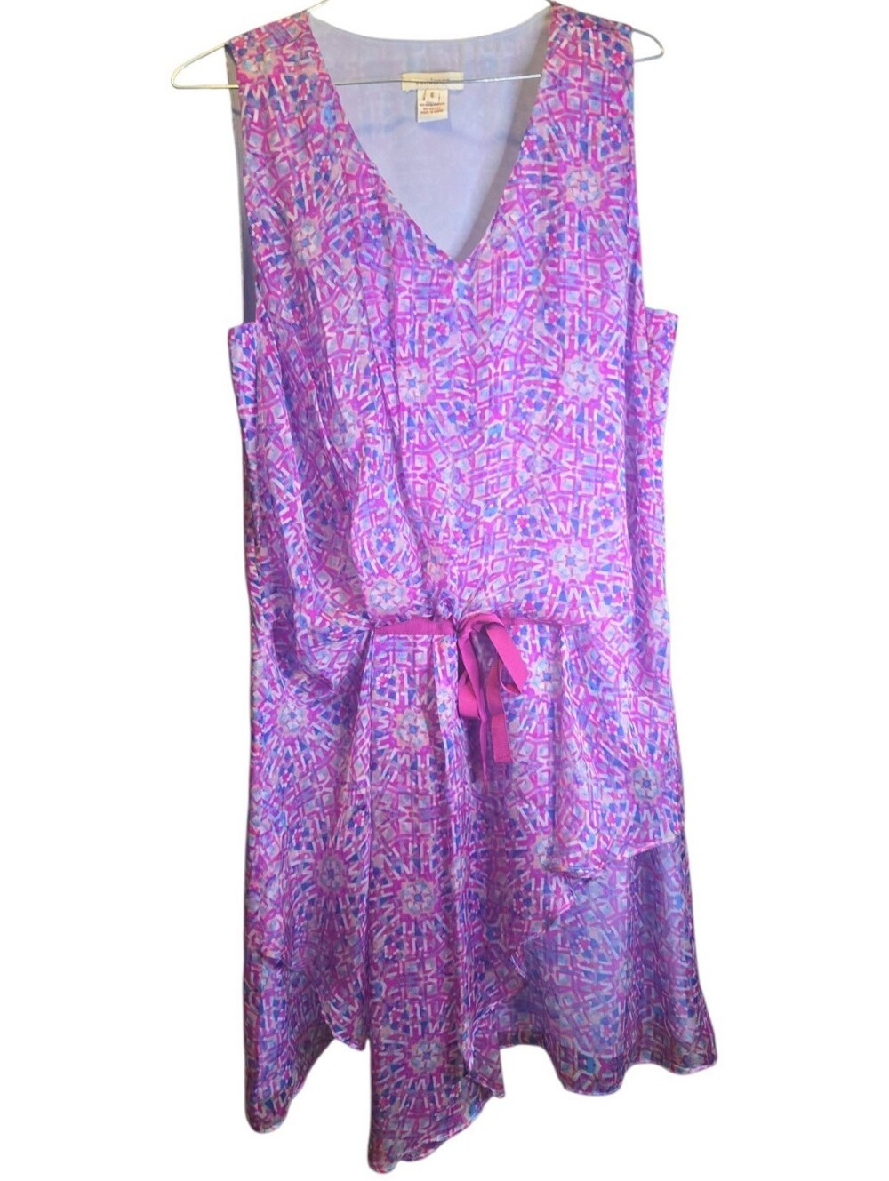 Sundance Silk Chiffon Mosaic Kaleidoscope Dress Faux Wrap Pink Purple - 6